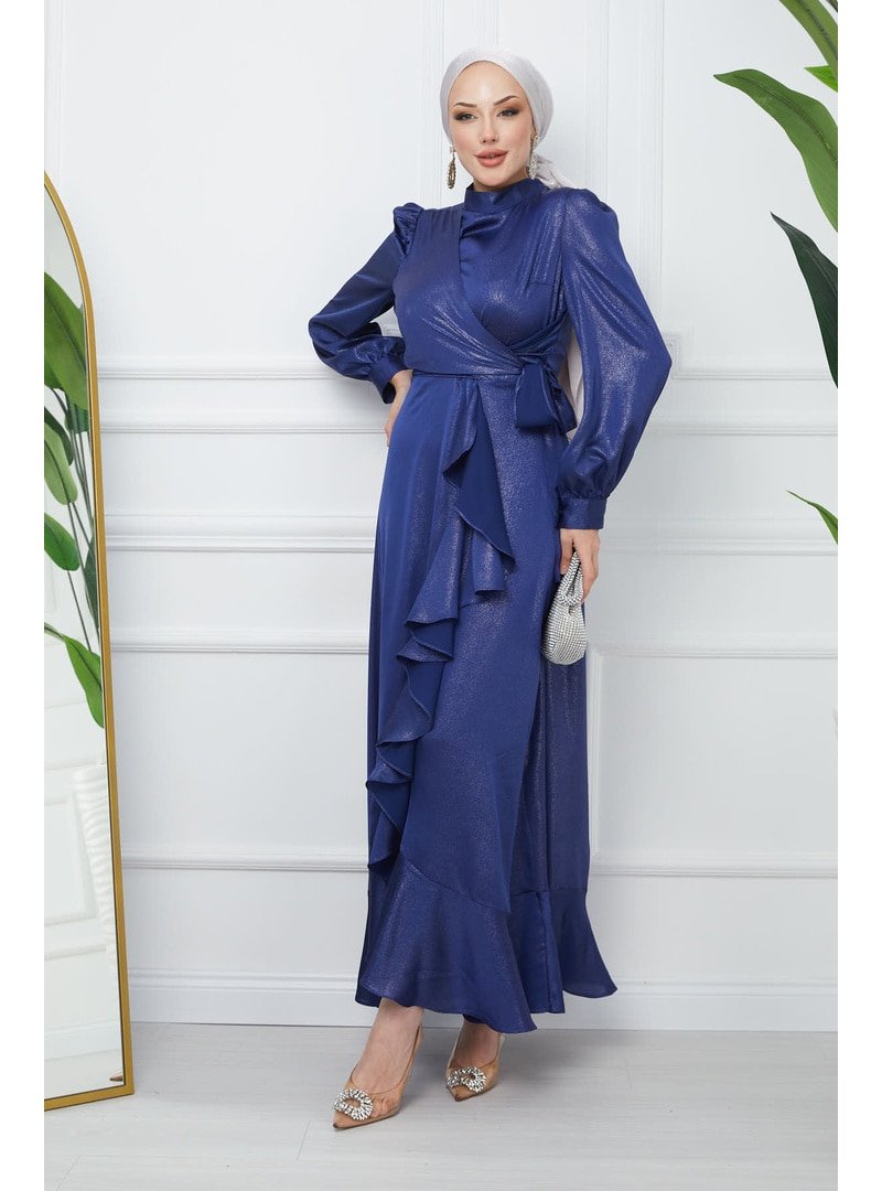 İmaj Butik Lacivert Bağlamalı Ön Detaylı Saten Abiye Elbise
