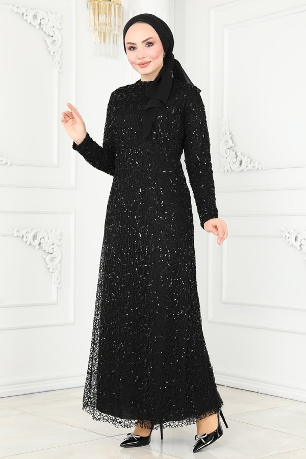 Moda Selvim Siyah Pul Detaylı Abiye Elbise