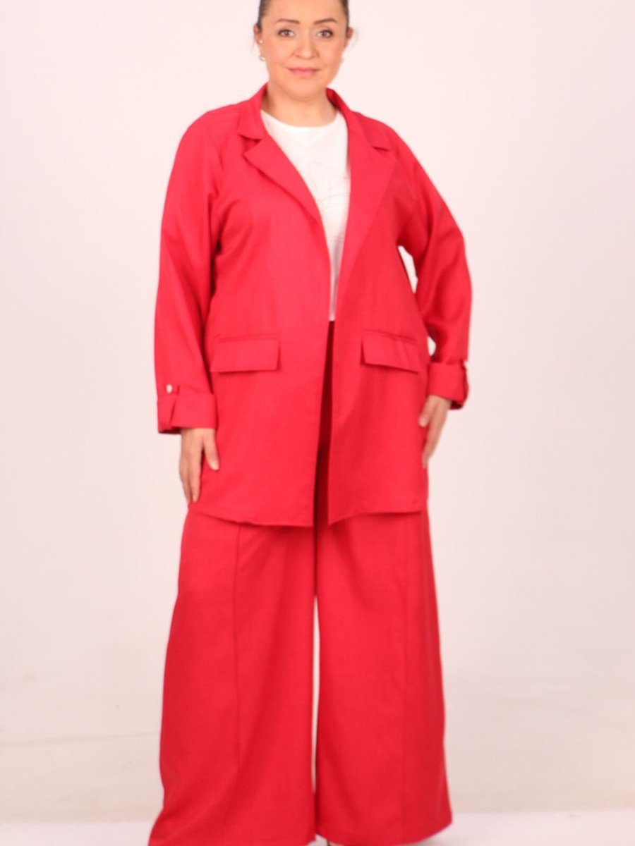 Moda Rosa Kırmızı Büyük Beden Düz Blazer Ceket Pantolonlu Takım