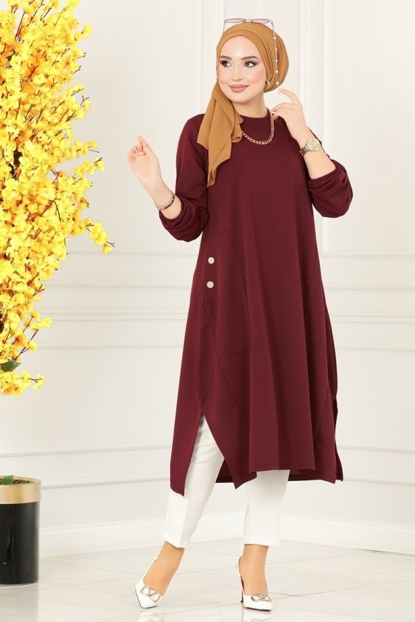 Moda Selvim Bordo Cep Detaylı Basic Tunik