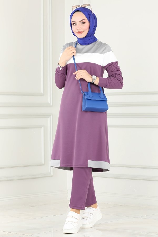 Moda Selvim Gri & Koyu Lila Renk Şeritli İkili Takım