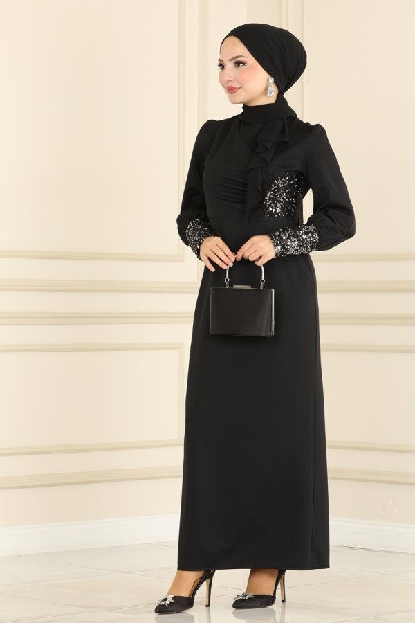 Moda Selvim Siyah & Gümüş Pul Detaylı Elbise