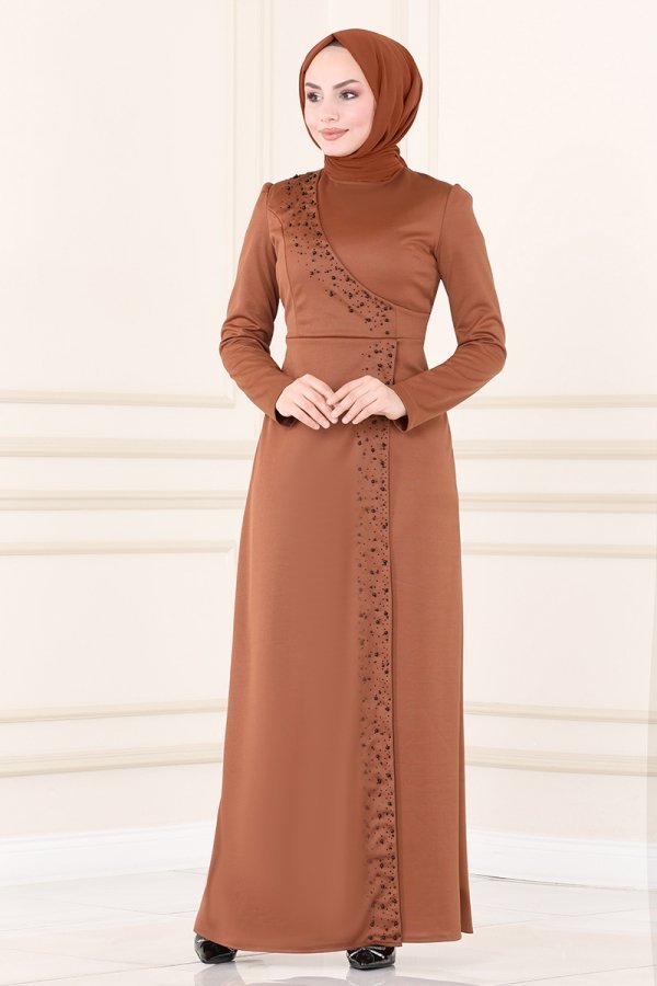 Moda Selvim Taba İnci İşlemeli Elbise