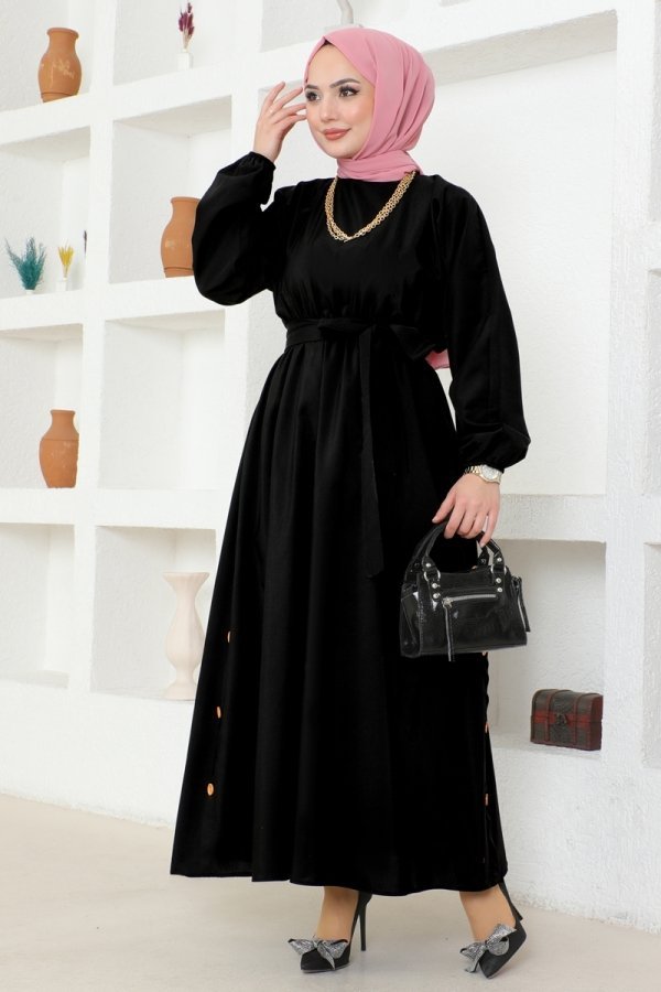 Moda Selvim Siyah Düğme Detaylı Terikoton Elbise