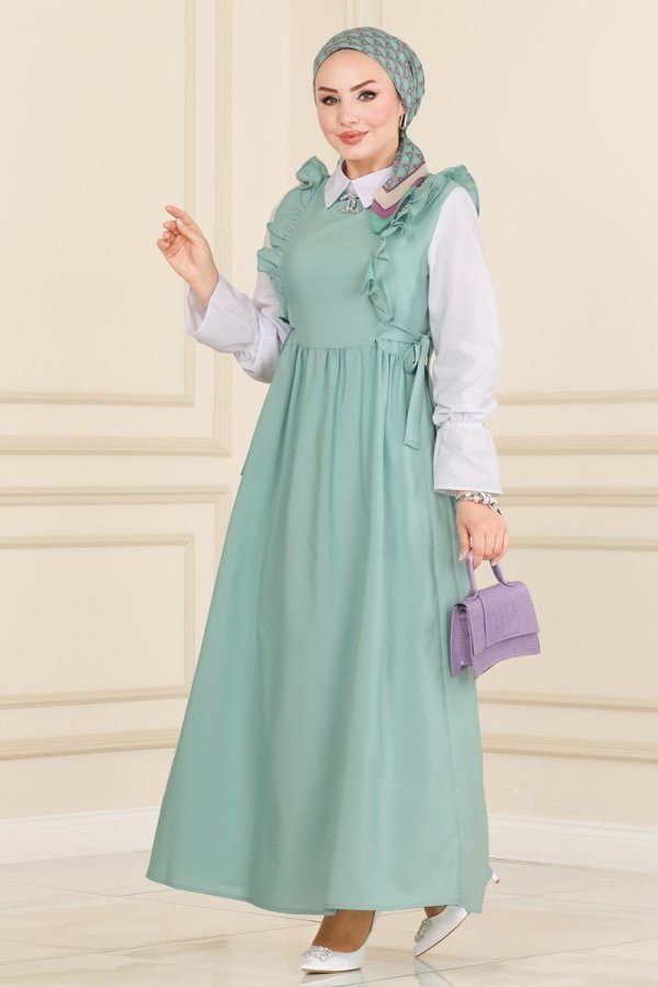 Moda Selvim Mint Göğsü Fırfırlı Terikoton Elbise