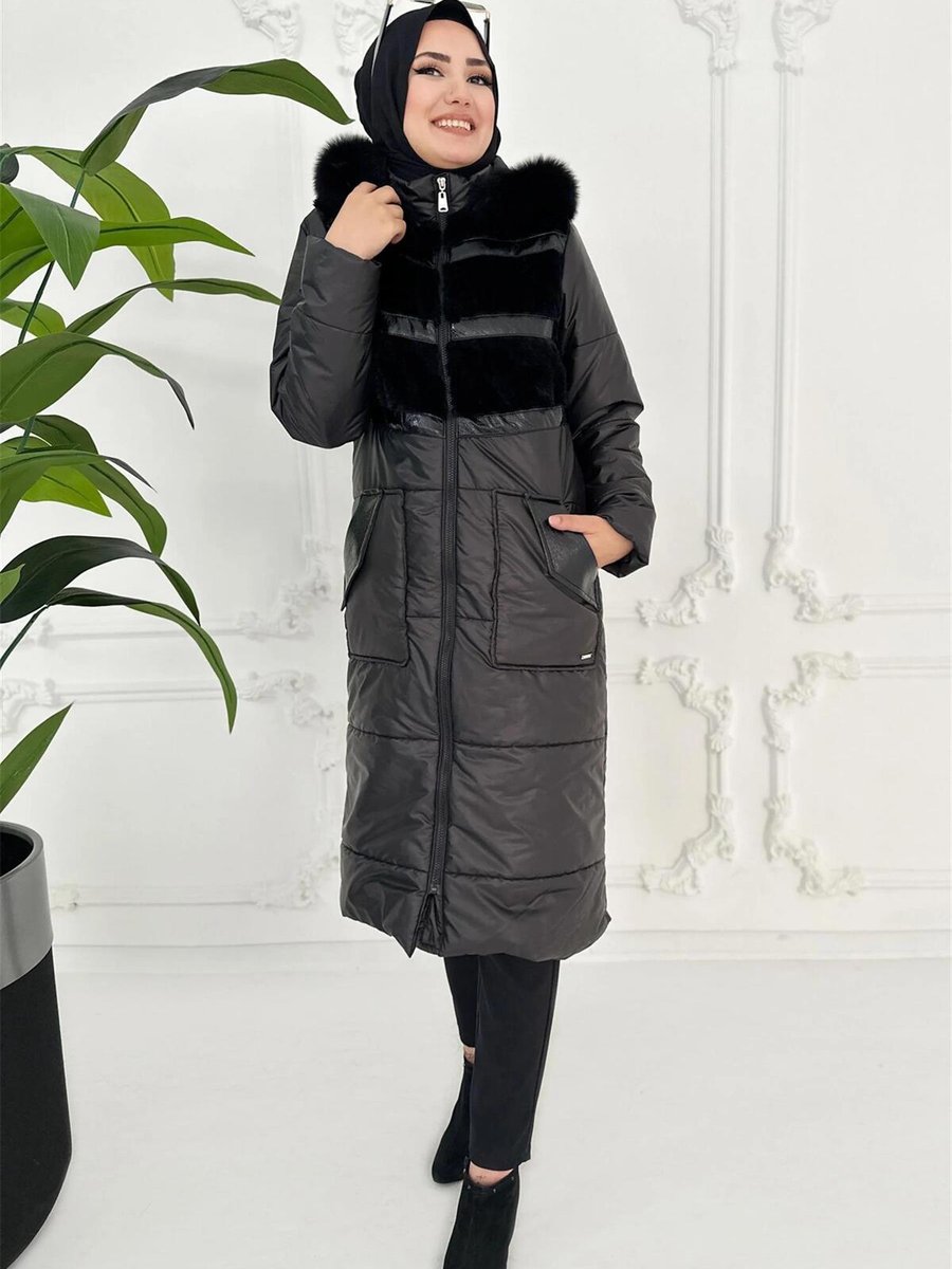 Moodbasic Rugan Şeritli Kürklü Kaban Siyah