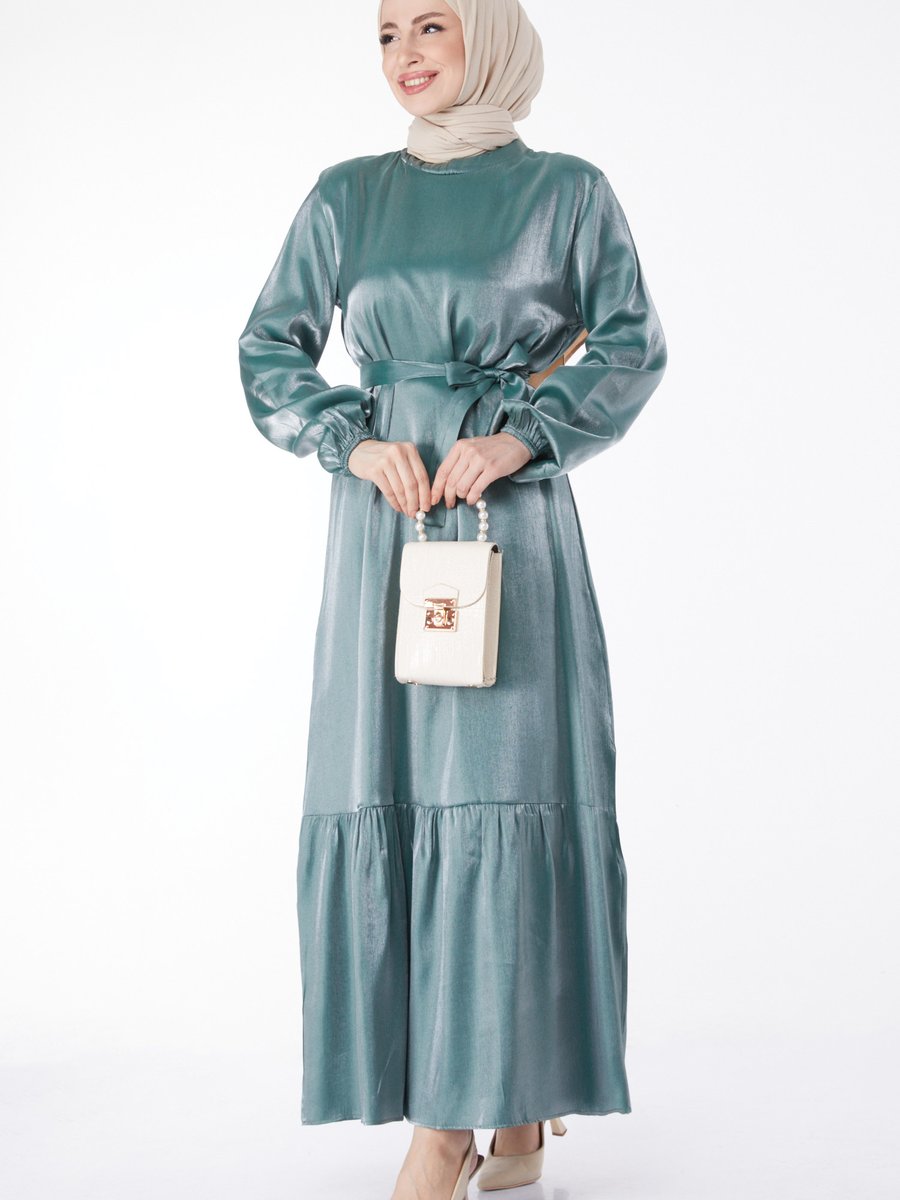 Tofisa Düz Hakim Yaka Mint Parlak Kuşaklı Elbise Tofisa Düz Hakim Yaka Mint Parlak Kuşaklı Elbise