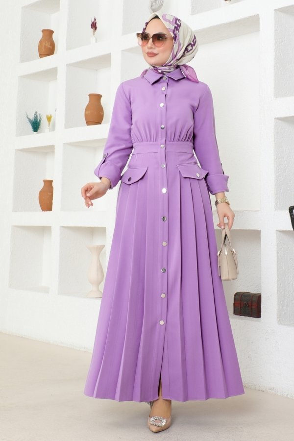 Moda Selvim Açık Lila Eteği Piliseli Krep Elbise