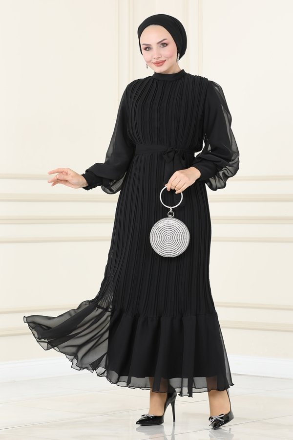 Moda Selvim Siyah Piliseli Janjan Abiye Elbise