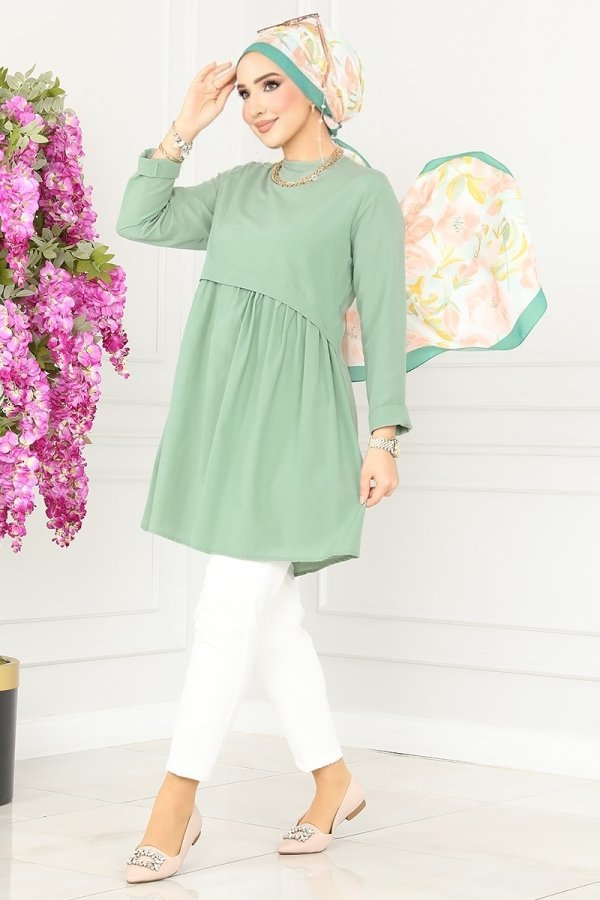 Moda Selvim Mint Pat Detaylı Terikoton Tunik