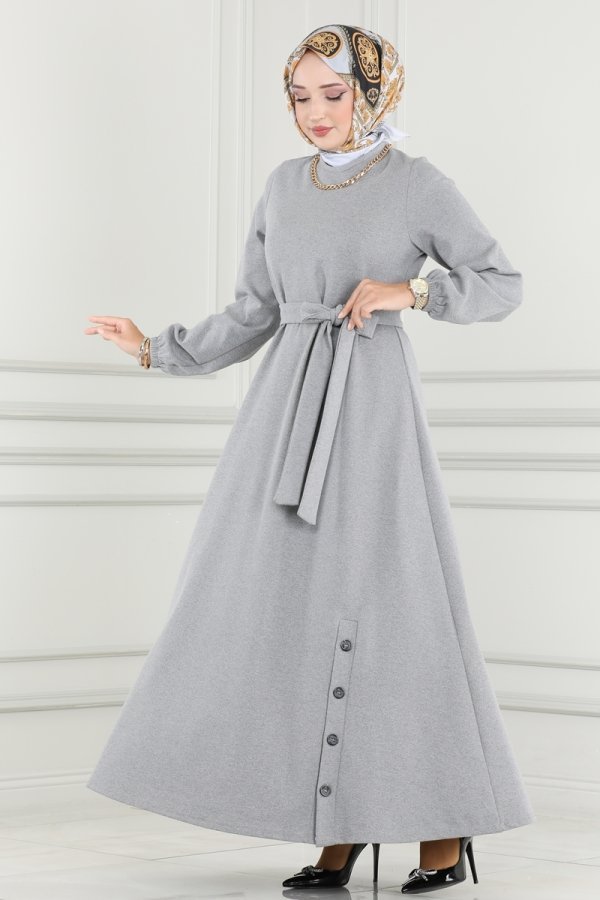 Moda Selvim Açık Gri Düğme Detaylı Kışlık Elbise
