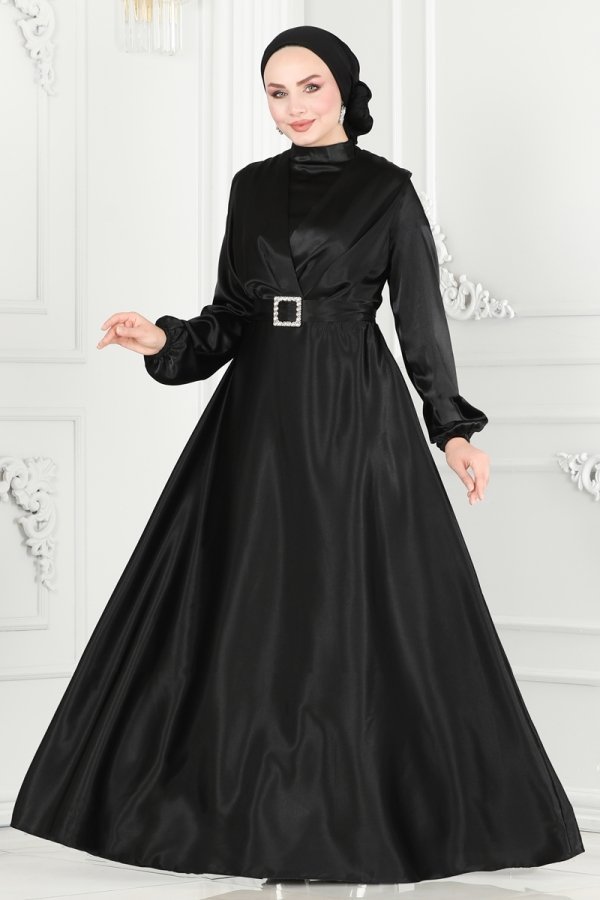 Moda Selvim Siyah Kemerli Saten Abiye Elbise
