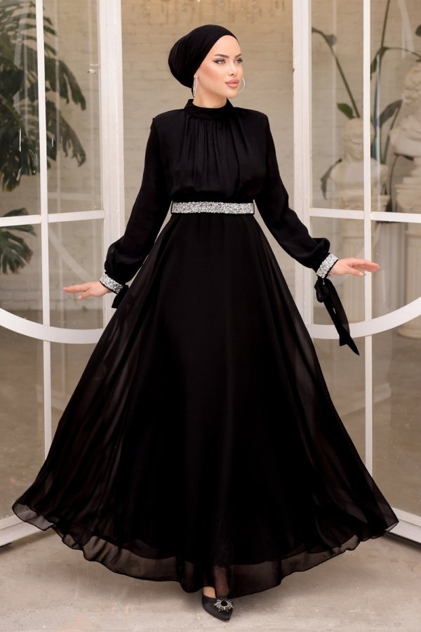 Moda Selvim Siyah Sual Manşeti Bağlamalı Şifon Abiye Elbise