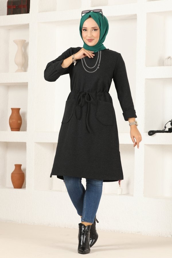 Moda Selvim Siyah Beli Tünelli Kışlık Tunik
