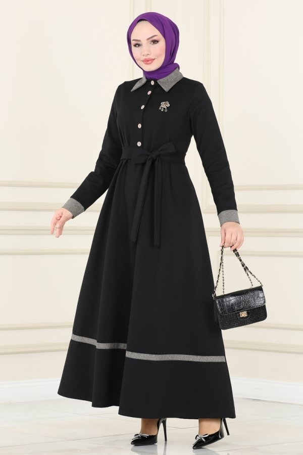 Moda Selvim Siyah Biye Detaylı Kışlık Elbise