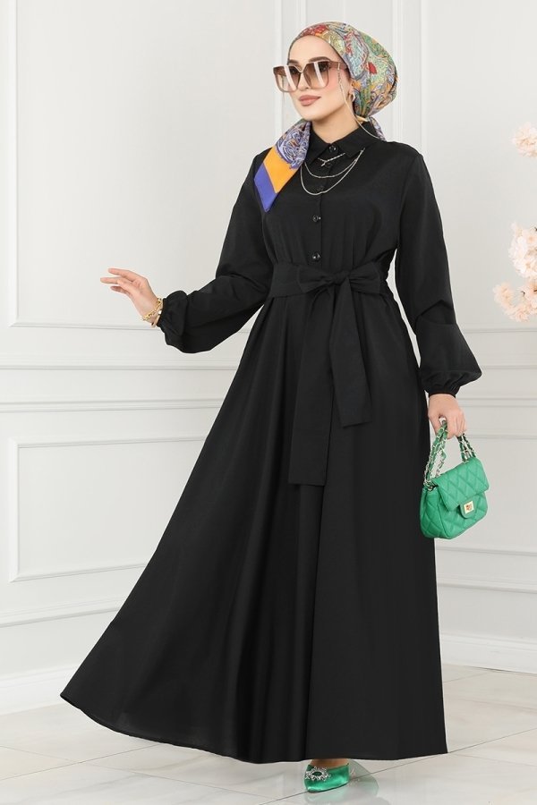 Moda Selvim Siyah Kuşaklı Terikoton Elbise