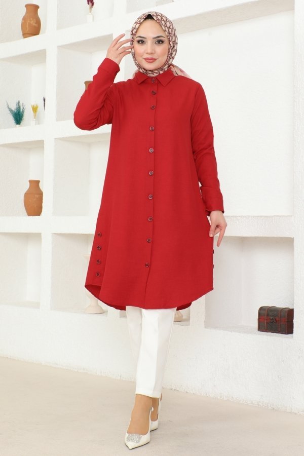 Moda Selvim Kırmızı Düğme Detaylı Keten Tunik