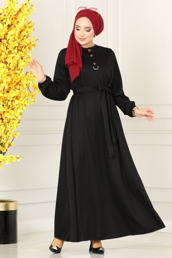 Moda Selvim Siyah Aksesuar Düğmeli Elbise
