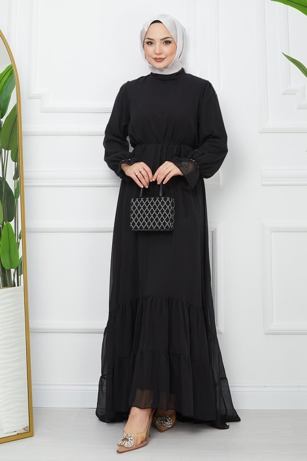 Moda Selvim Siyah Eteği Katlı Şifon Elbise
