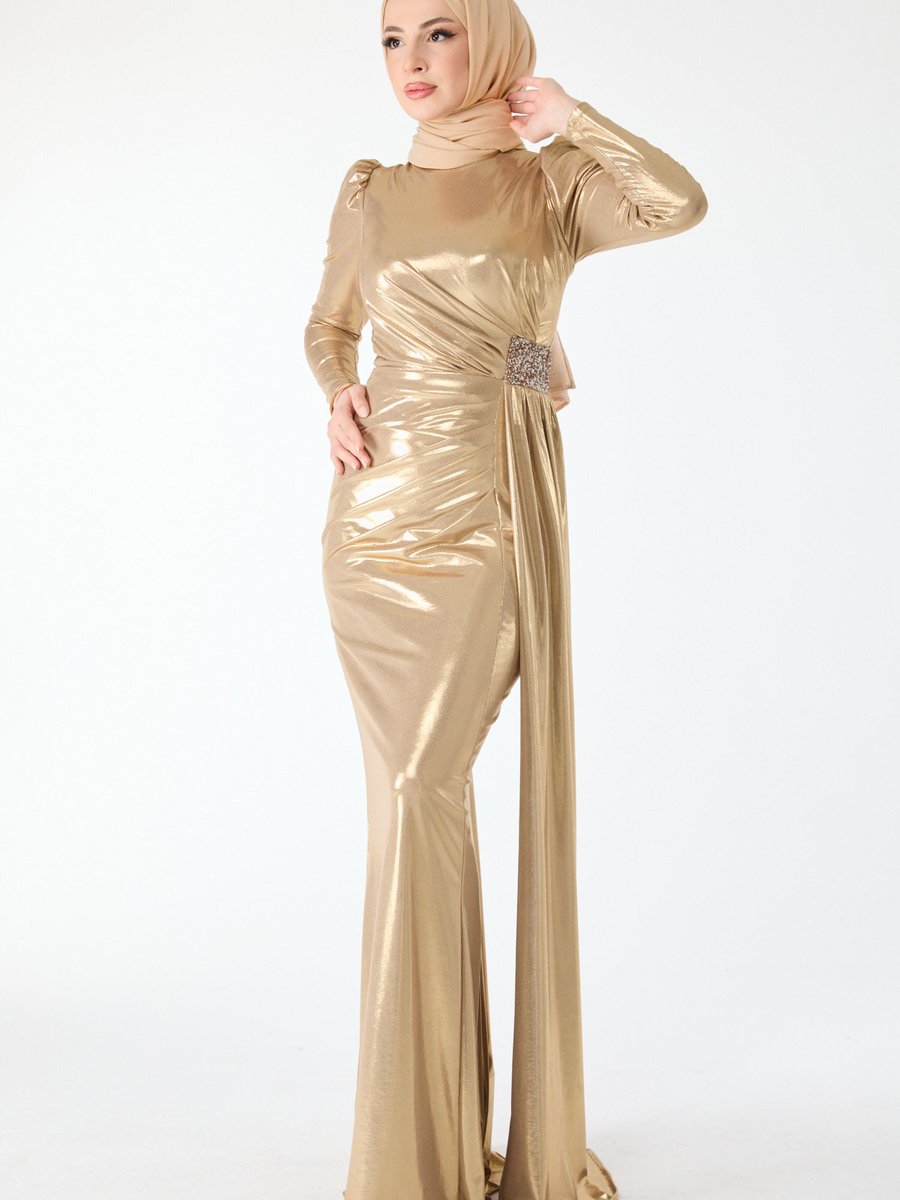 Tofisa Gold Beli Taşlı Uzun Kol Abiye Elbise