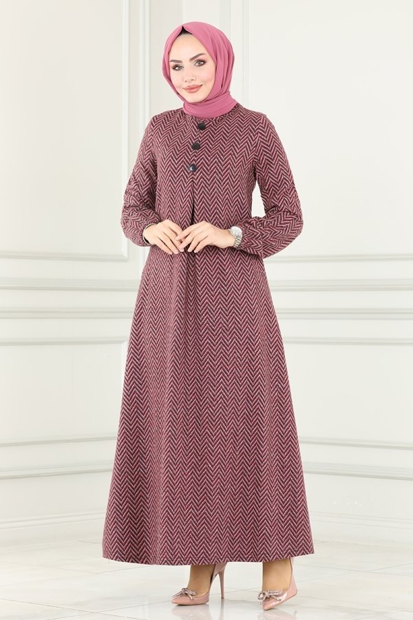 Moda Selvim Bordo Düğme Detaylı Kışlık Elbise