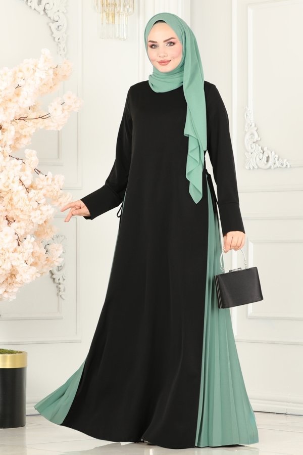 Moda Selvim Siyah & Mint Pilise Detaylı Elbise