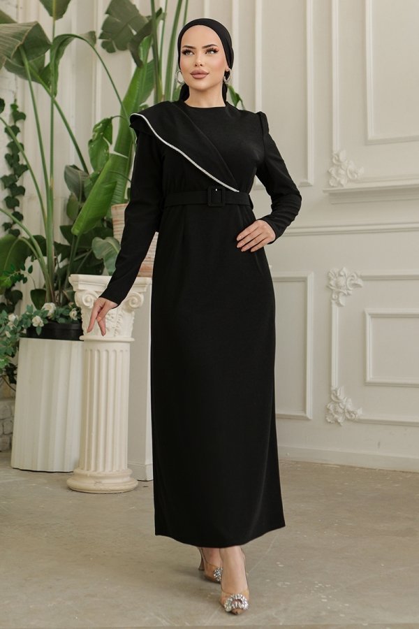 Moda Selvim Siyah Taş Detaylı Elbise