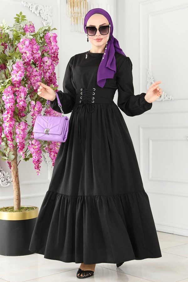 Moda Selvim Siyah Kemer Detaylı Terikoton Elbise