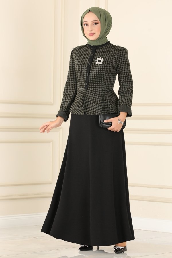 Moda Selvim Kazayağı Haki & Siyah Bluzu Volanlı Kışlık Elbise