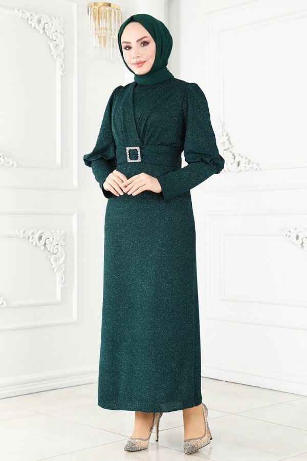 Moda Selvim Zümrüt Balon Kollu Simli Abiye Elbise Moda Selvim Zümrüt Balon Kollu Simli Abiye Elbise