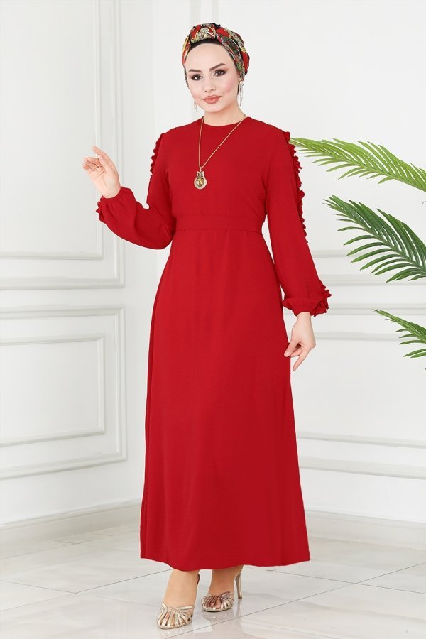 Moda Selvim Kırmızı Kolları Fırfırlı Aerobin Elbise