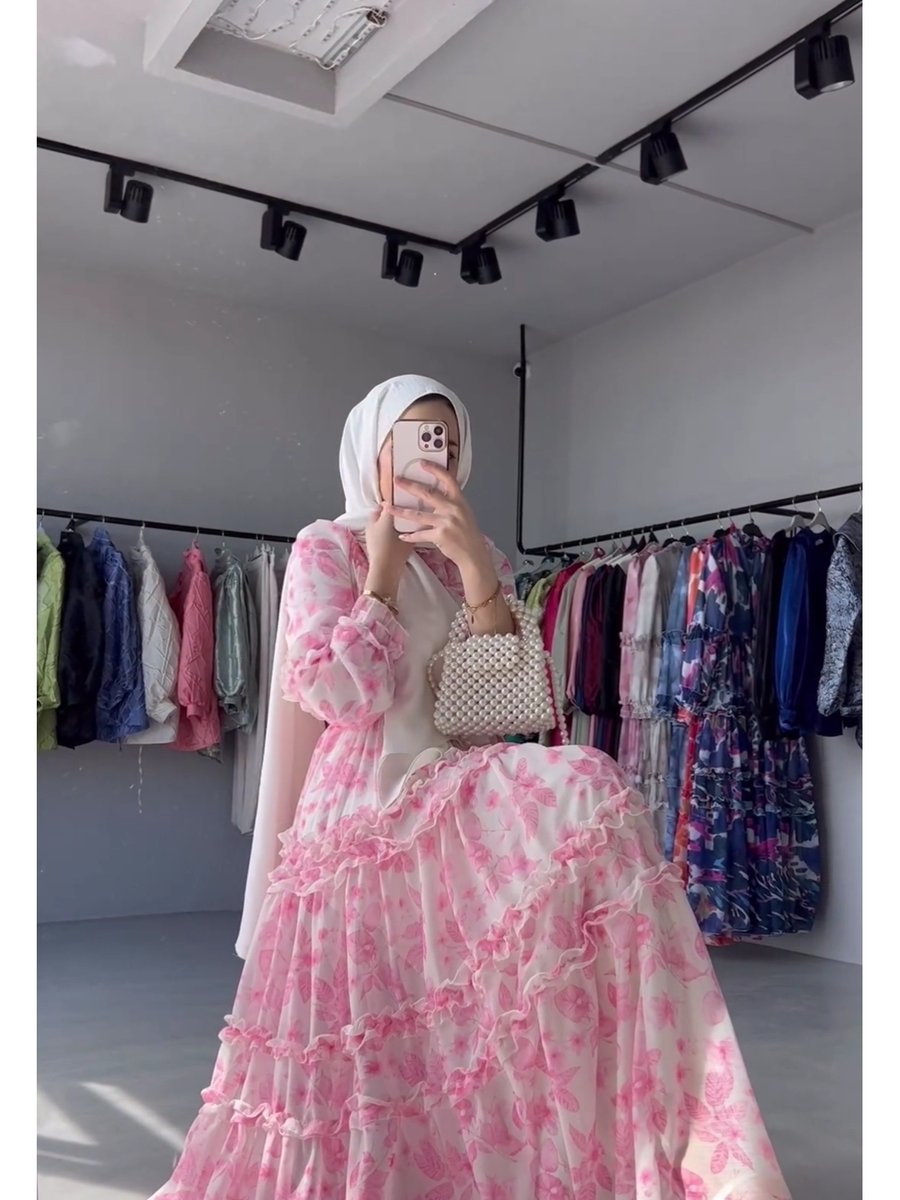 Stil Hatun Butik Astarlı Şifon Kumaş Elbise, Pembe Tesettür Uzun Elbise