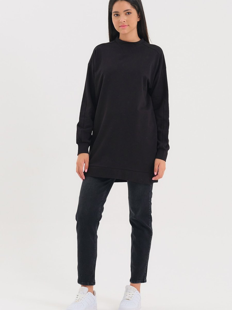 Gippe Collection Siyah Bisiklet Yaka Kol Detaylı Basic Örme Sweatshirt