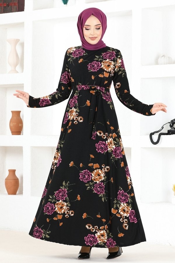 Moda Selvim Mürdüm & Siyah Kemerli Desenli Elbise