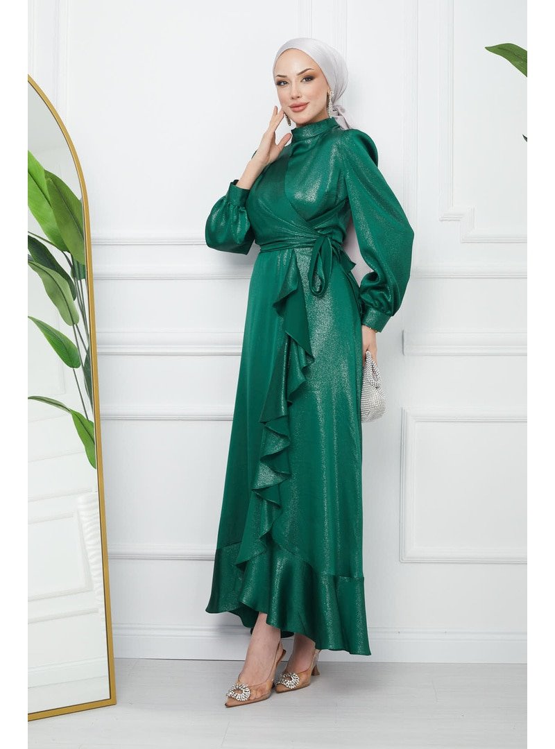 İmaj Butik Zümrüt Yeşili Bağlamalı Ön Detaylı Saten Abiye Elbise