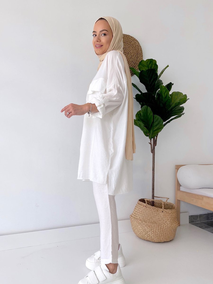 Ka Hijab Cep Detay Keten Takım Beyaz