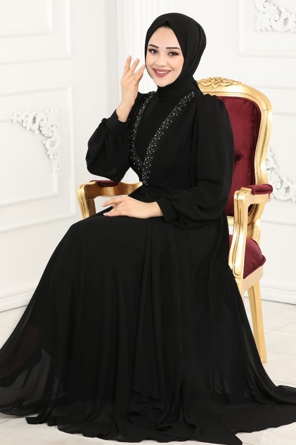 Moda Selvim Siyah Taş İşlemeli Şifon Abiye Elbise