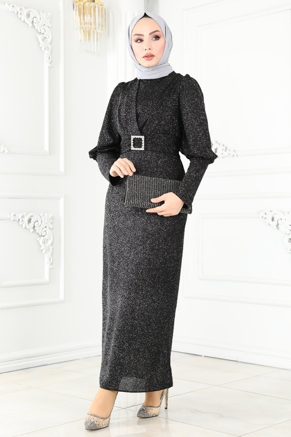 Moda Selvim Siyah & Gümüş Balon Kollu Simli Abiye Elbise