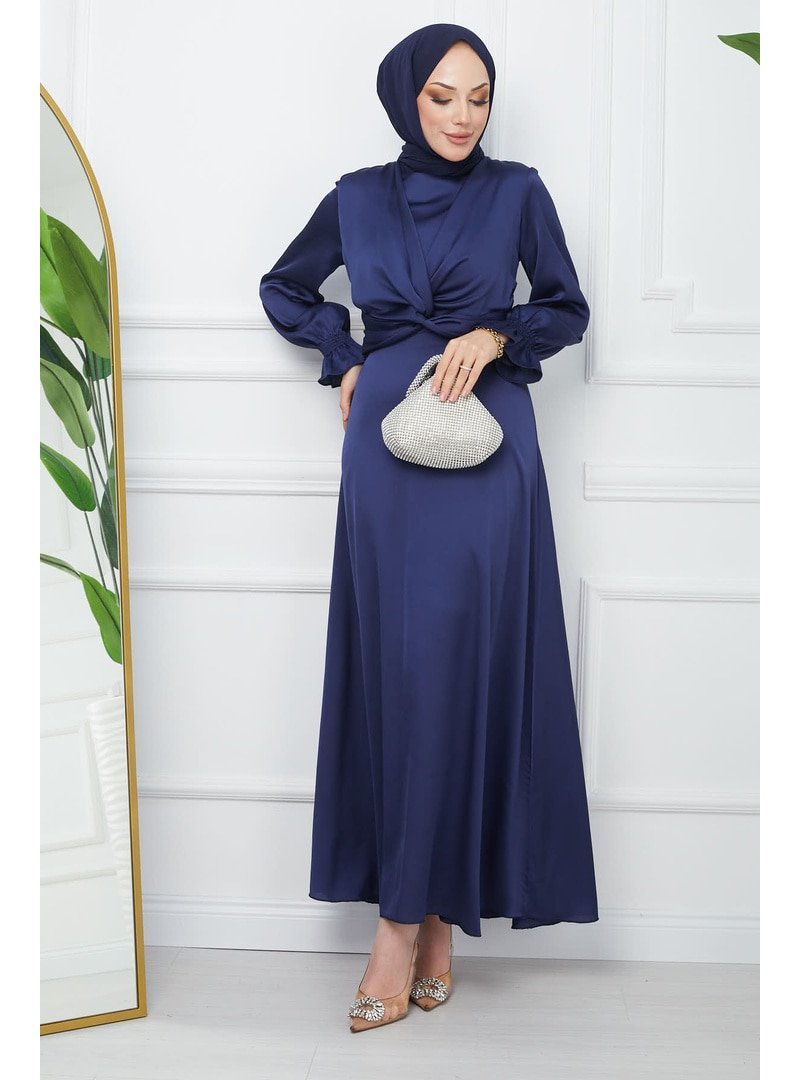 İmaj Butik Lacivert Kol Gipeli Ön Detaylı Saten Abiye Elbise