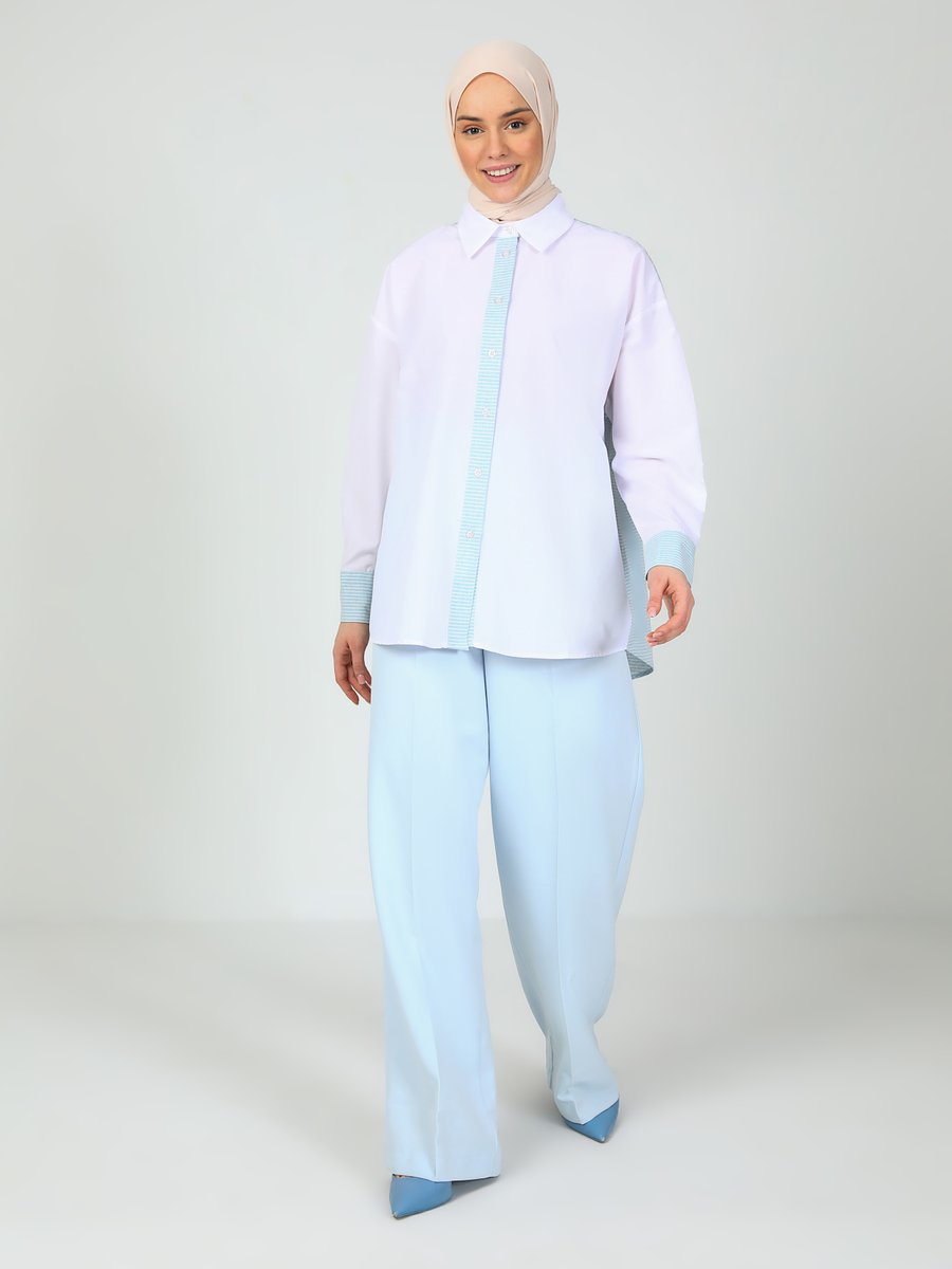 Tavin Beyaz Renk Bloklu Bluz / Gömlek Mavi Çizgili