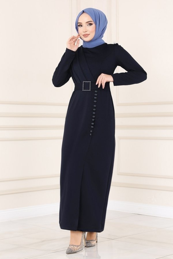 Moda Selvim Lacivert Aksesuar Düğmeli Kalem Elbise