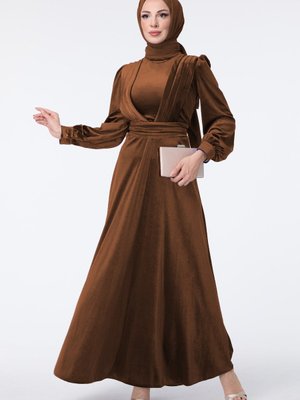 Tofisa Kahve Balon Kol Beli Kuşaklı Kadife Abiye Elbise