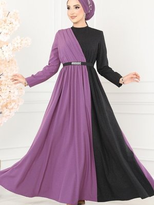 Moda Selvim Lila & Siyah Çift Renkli Kemerli Elbise
