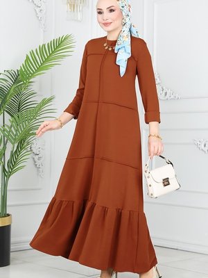 Moda Selvim Taba Dikiş Detaylı Elbise