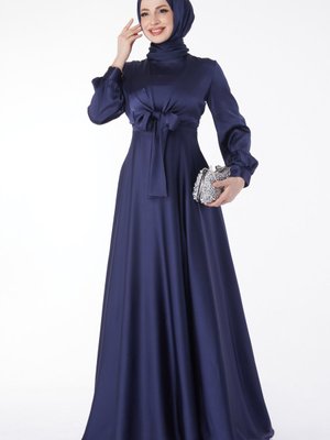 Tofisa Lacıvert Düz Saten Ortadan Bağlamalı Abiye Elbise