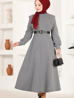 Moda Selvim Kazayağı Ekru & Siyah Deri Kemerli Kışlık Elbise