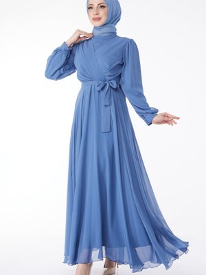 Tofisa Indıgo Kruvaze Yaka Kuşaklı Abiye Elbise
