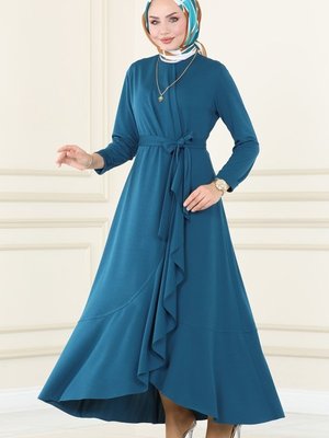 Moda Selvim Petrol Eteği Volanlı Elbise