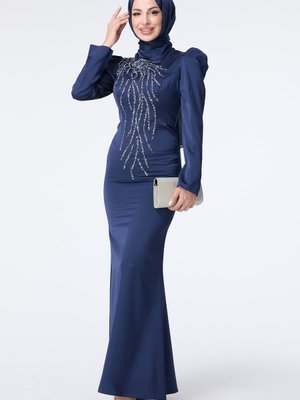 Tofisa Lacıvert Önü Taş Desen Kolları Büzgülü Abiye Elbise