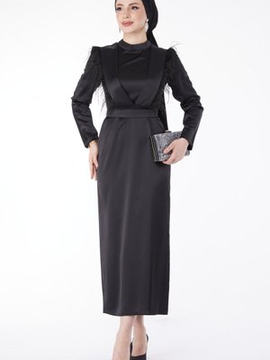 Tofisa Düz Hakim Yaka Siyah Püskül Detaylı Abiye Elbise